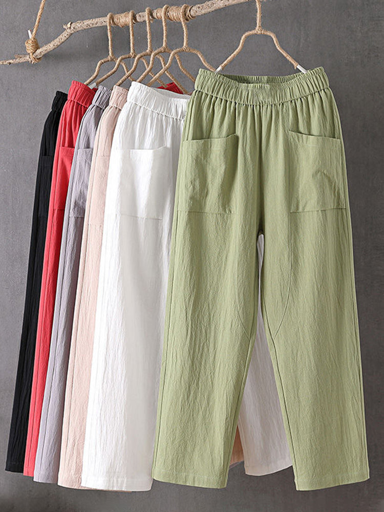 Women's Pockets Design Linen Blend Elastic Waist Pants