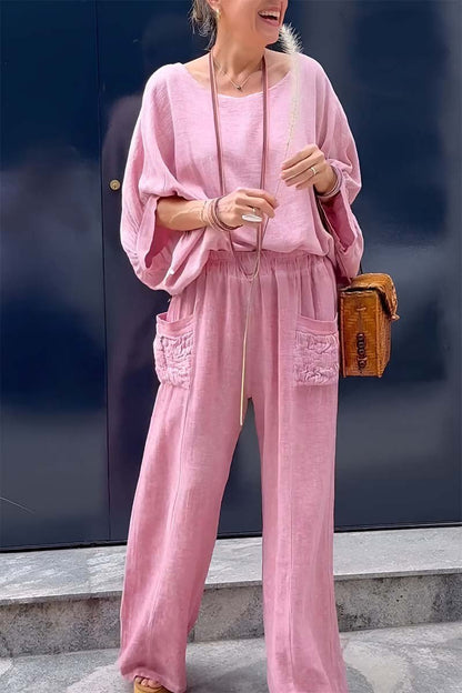 Women's casual bat sleeve top and pants cotton and linen two-piece set