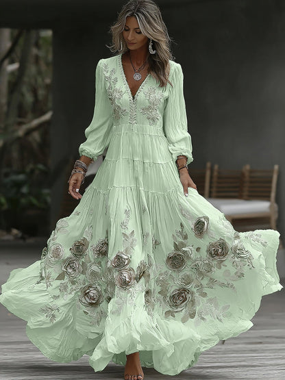 Women's Vintage Rose Embroidery Art V-neck Casual Long Sleeve Maxi Dress