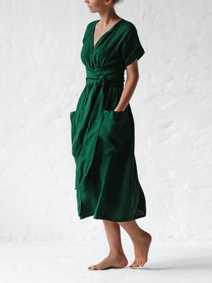 Linen Solid Lace Up Dress
