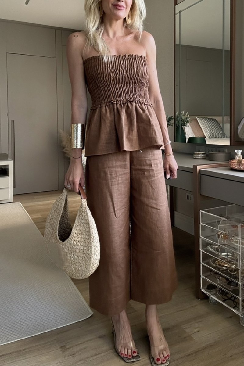 Women's solid color blouse and pants set
