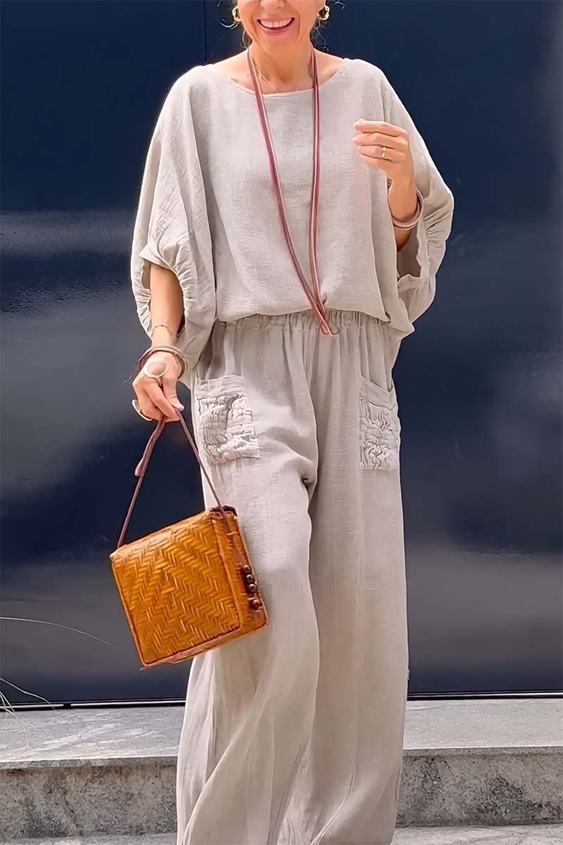 Women's casual bat sleeve top and pants cotton and linen two-piece set