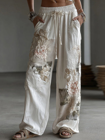Women's Retro Floral Patchwork Art Casual Linen Pants