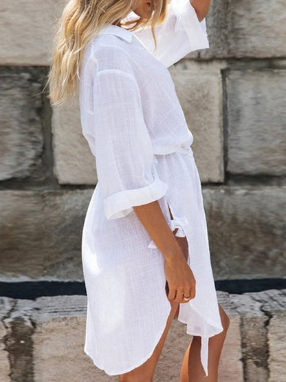 Ladies Cotton Linen Sexy Mid-Sleeve Buttoned Slit Dress