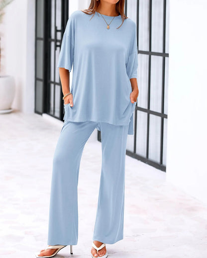 Casual 2-Piece Loose-Fit Short Sleeve Top & Wide-Leg Pants Set with Pockets