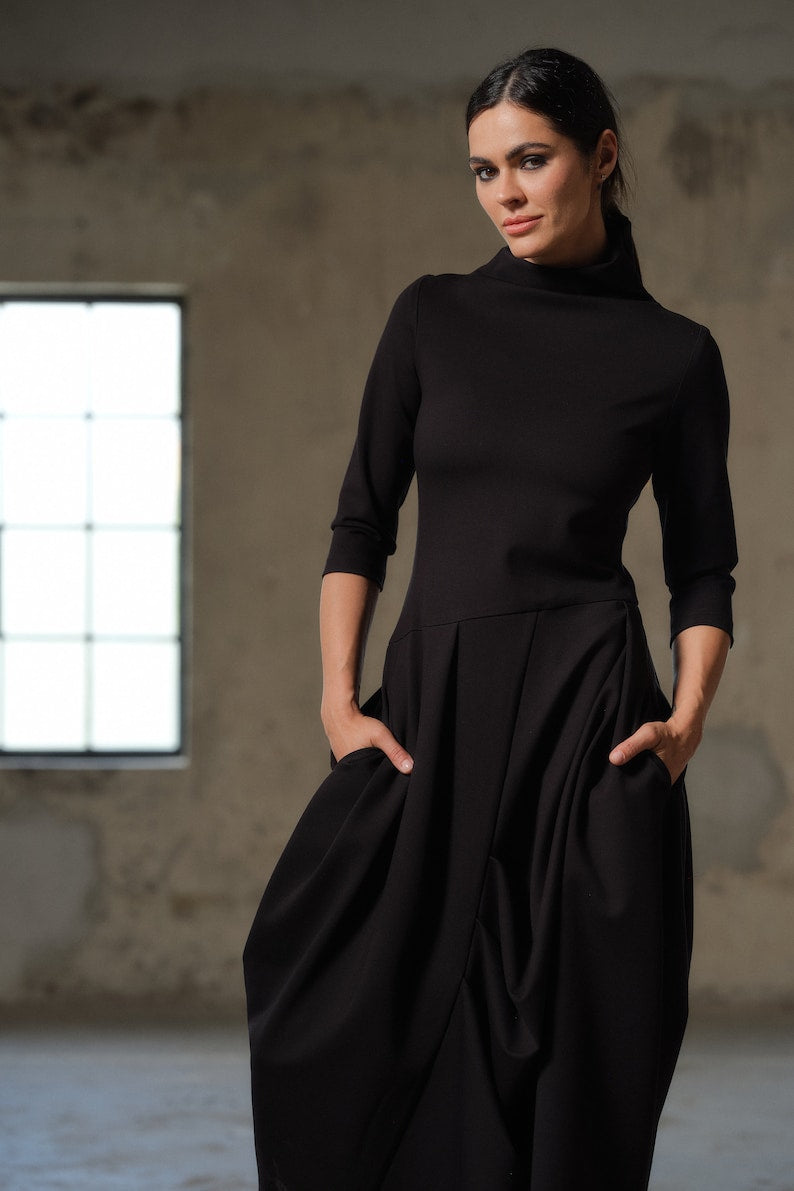 Black asymmetric dress, Avant garde dress, Extravagant Long Dress, Slow fashion, Capsule wardrobe, Sustainable clothes