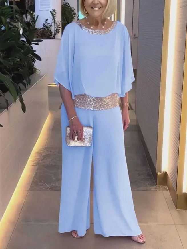 NEW🔥 Women's Round Neck Sequins Color Clash Bat Shirt Wide Leg Pants Set