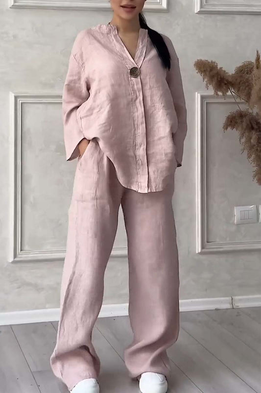 Women Casual button decorated cotton and linen two-piece set