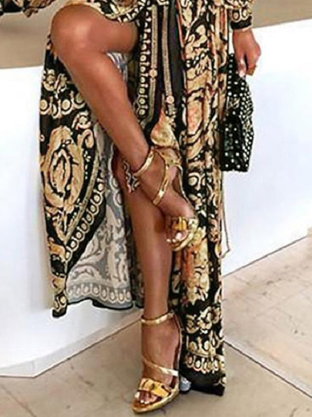 Women's Casual Dress Long Sleeve Bohemian Style Dress Long Sleeve Floral Tie Spring V Neck